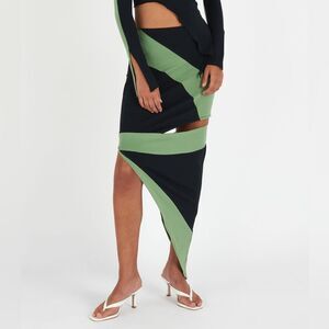 ELLISS Matcha Panel Midi Skirt Cutout Asymmetrical Black Green Colorblock Size M